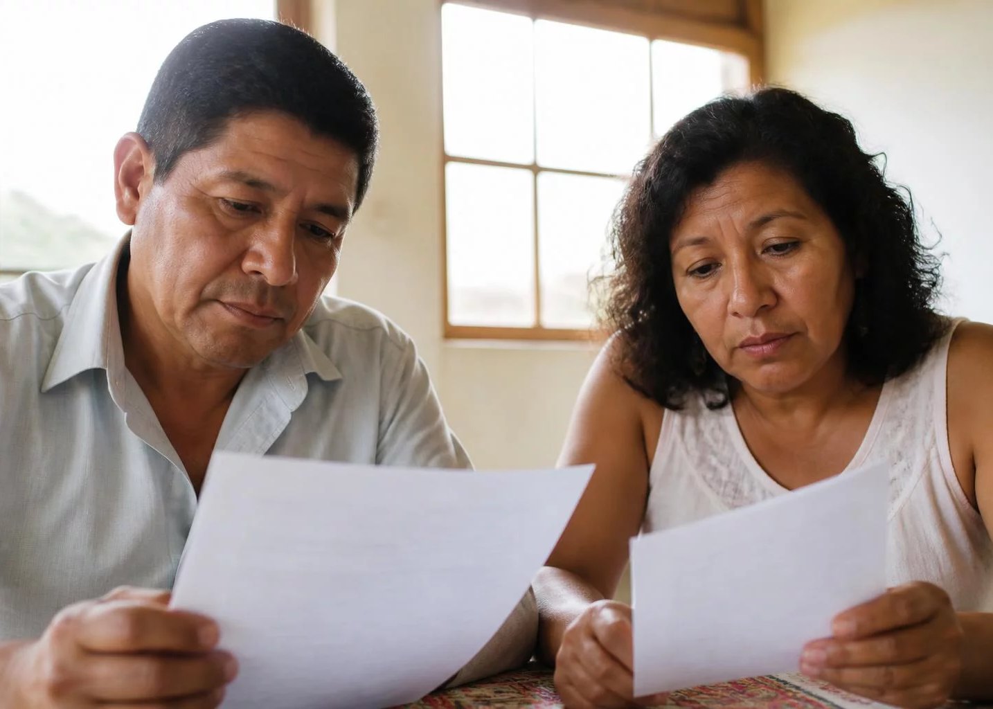 Dos personas leyendo hojas de argumento impresas en la mesa