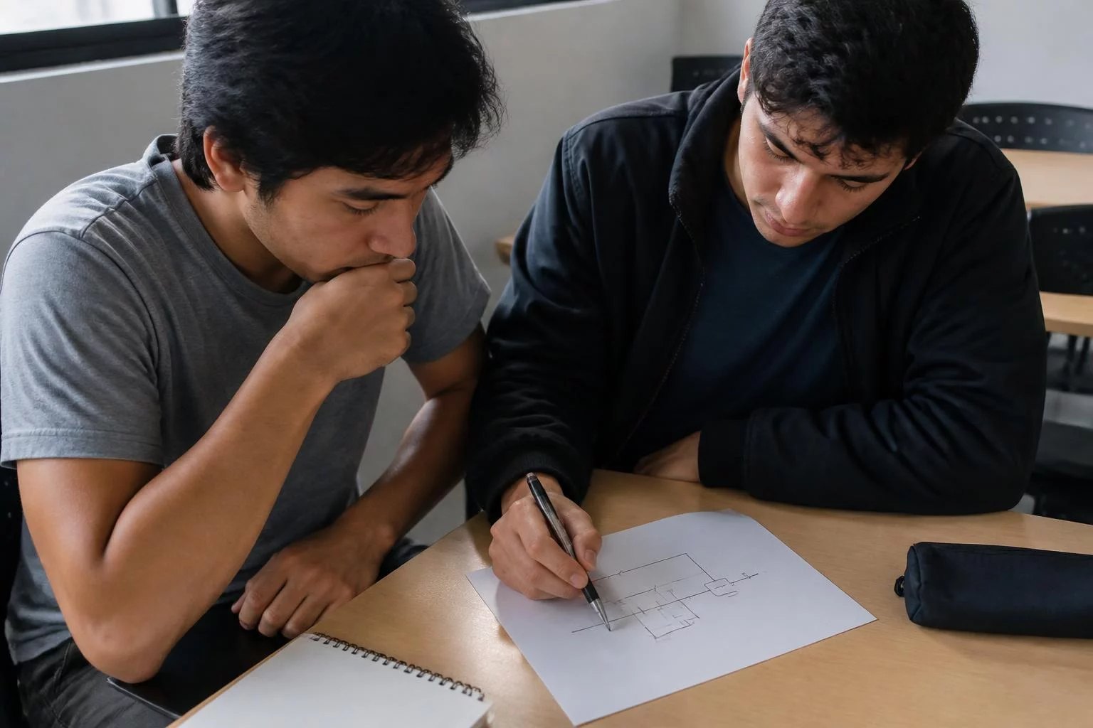 Vista cenital de un escritorio con un diagrama de lógica trazado a mano y un lapicero