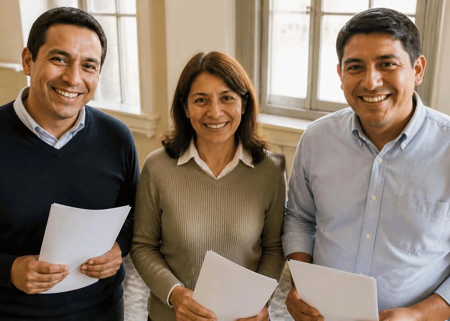 Tres adultos sonriendo al terminar una ronda, con las hojas en la mano