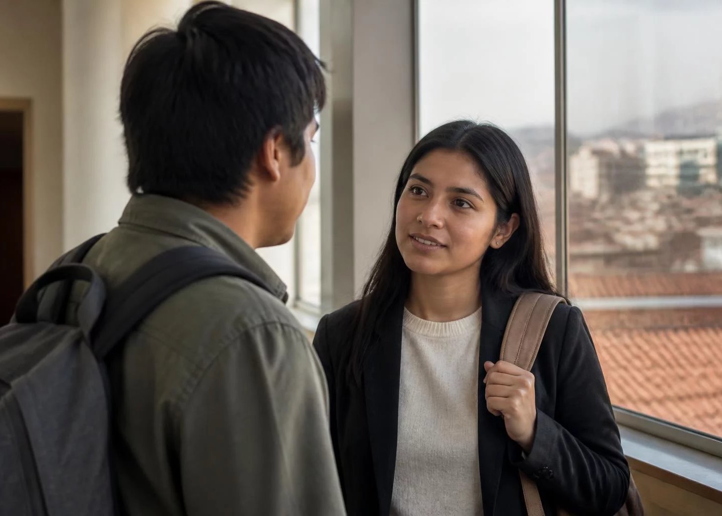 Dos estudiantes con mochila conversando en un pasillo universitario