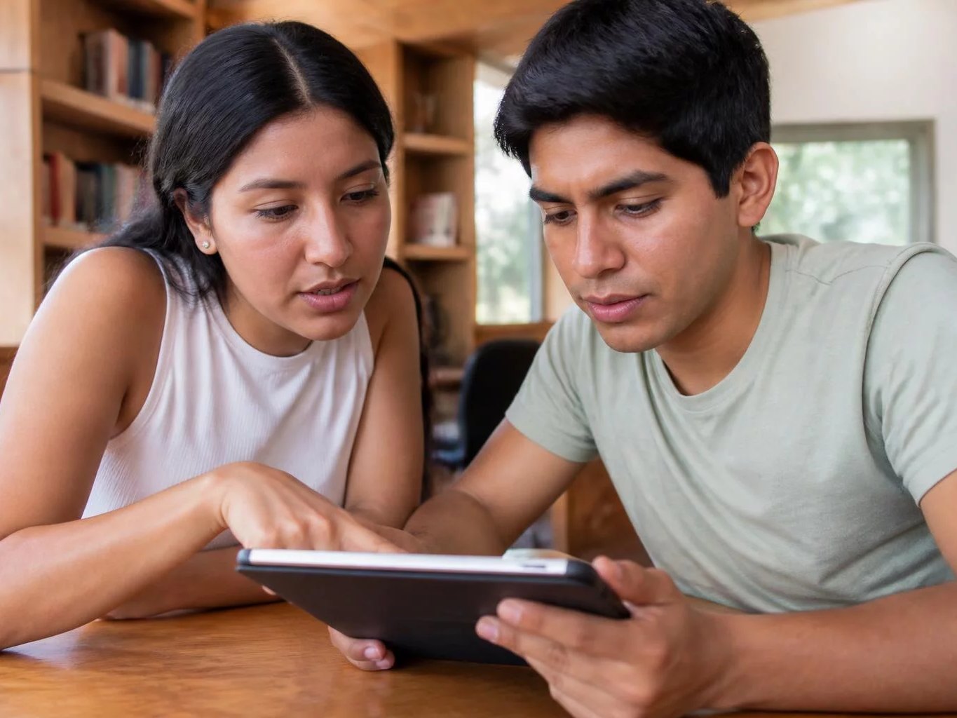 Dos colegas releyendo apuntes en una tablet apoyada en una mesa de madera