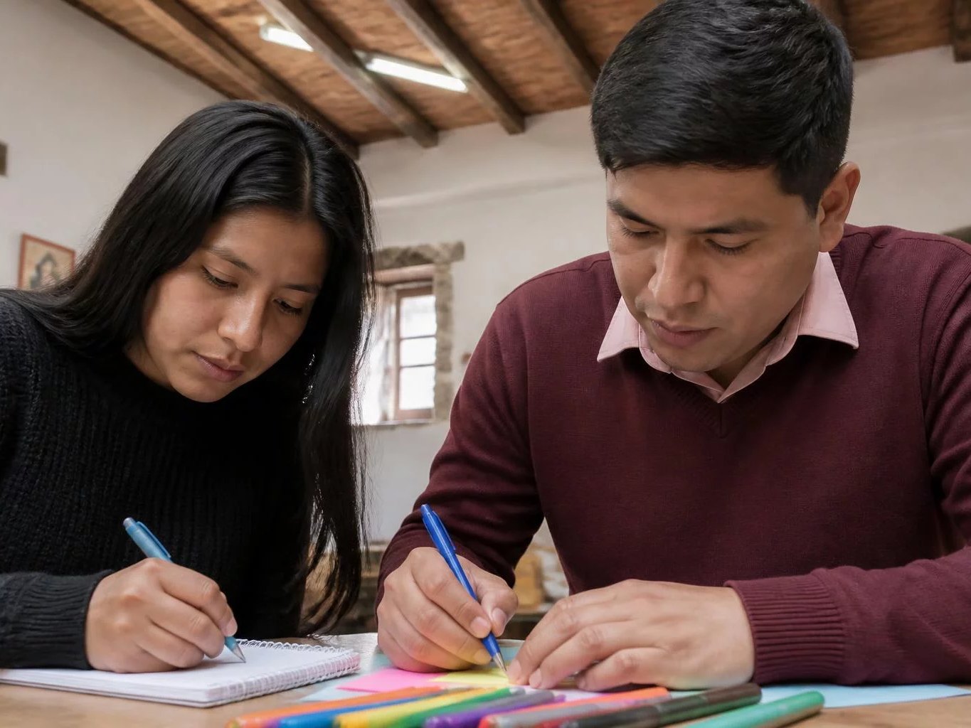 Dos personas preparando la ronda con cuadernos y plumones de colores